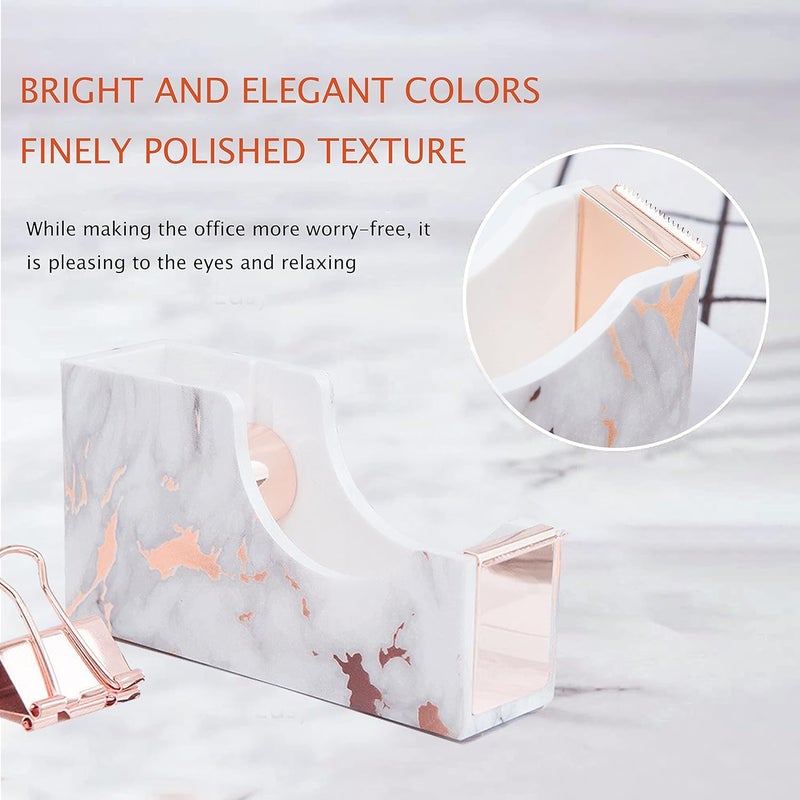Famassi Rose Gold Marble Desk Accessories, Office Supplies Set Stapler Staple Remover, Tape Holder, Pen 2 Ballpoint Pen, Scissor, Binder Clips, Paper Clips and 1000pcs Staples - Image 4